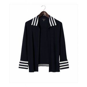 Les Copains Italian Cotton Viscose Stripe Trim Cardigan Navy Small